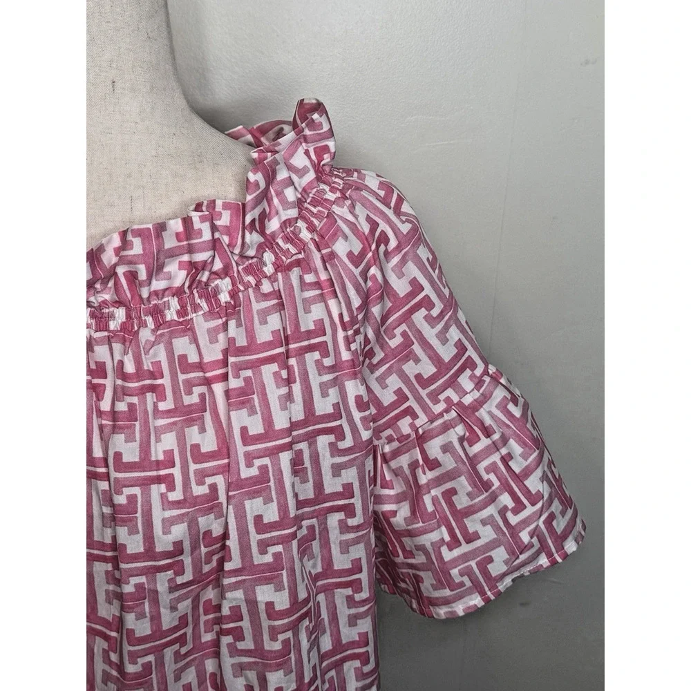 Brooke Wright USA Pink White Geometric Off Shoulder Cotton Peasant Crop Top S